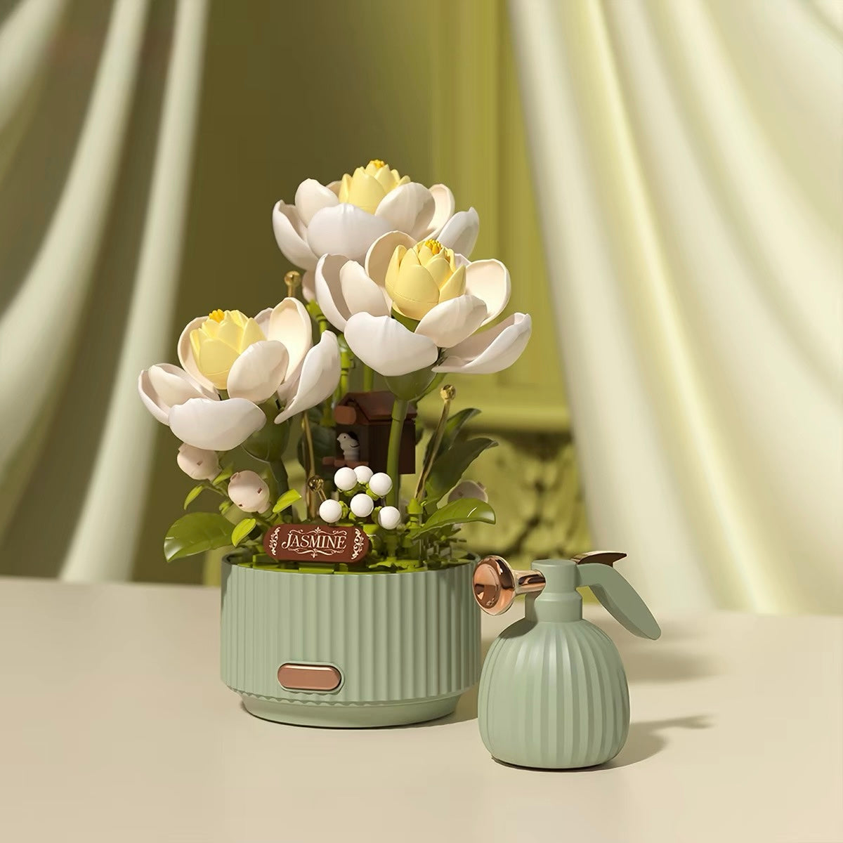 Blooming Garden Building Block Bouquet with Watering Feature – Jasmine Flower Brick Set | Home Décor & Gift